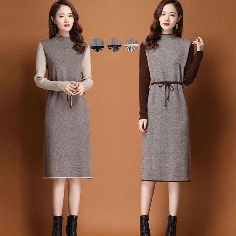 Hot!!!ワンピース ニットワンピース ニット レディース 無地 膝丈 長袖 リボン Aライン 4,550円