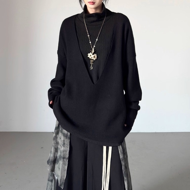 レディース トップス ニット セーター プルオーバー 長袖 ドロップショルダー Vネック 深めVネック Iライン オーバーサイズ ストリート きれいめ シンプル カジュアル おしゃれ かっこいい