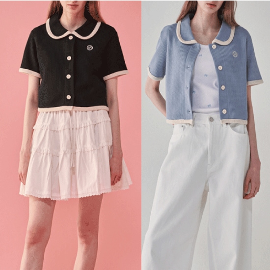 ツイードラウンドカラーワッフル半袖カーディガン (2 COLORS)