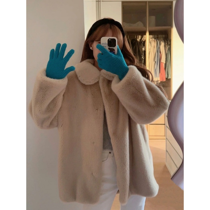 リトルホワイトベア ファーコート レディース ミドル丈 秋冬 高級感 ゆったり 万能 ミンクファー 厚手 ぬいぐるみ コート