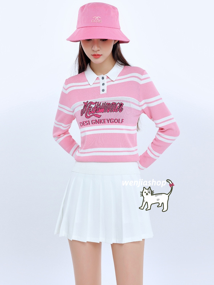 ゴルフウェア レディース スポーツウェア ゴルフスカート 長袖 ニット セーター ポロシャツ スカート 上下セット ピンク 白 大きいサイズ 韓国風 INS おしゃれ