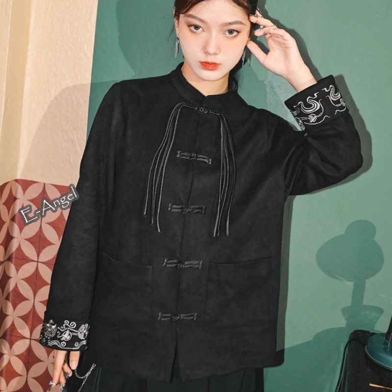 【快速出荷】チャイナ風 アウター 秋 冬 テーラードジャケット 黒 刺繍 スタンドカラー 長袖 防風 制服 ブレザー スエード コート 着瘦せ 個性的 暗黒風