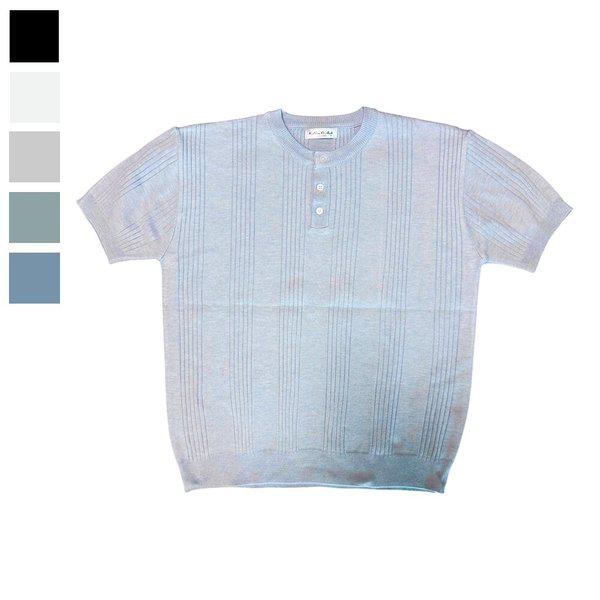 メンズ リブ編み ヘンリーネック 半袖 ニットTシャツ RB-KNH-Q093-ソラ