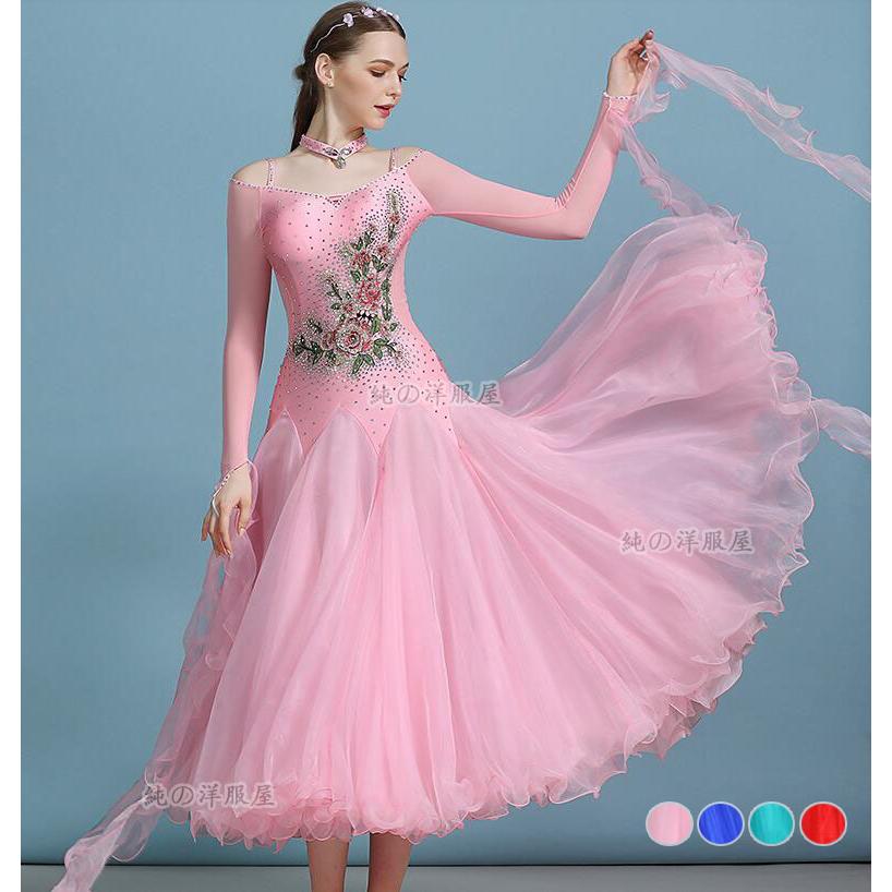 社交ダンス モダンドレス レディース スタンダード モダン タンゴ ワルツ ラテン フラメンコ チャチャチャ ダンスドレス ロング 長袖 花 ストーン リボン ダンス