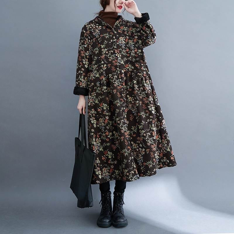 新作 トレンド 開きコート 長袖 花柄 ロングコート フード付き 前開き トップス 秋 冬 アウター 体型カバー 裏起毛 カラー