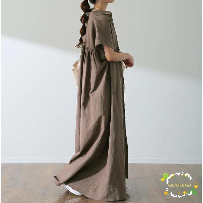 シャツワンピース 夏 春 ロング 半袖 綿 体型カバー コットン 50代 40代 30代 20代 羽織り 緑 無地 きれいめ おしゃれ ワンピース 綿麻 クリーム