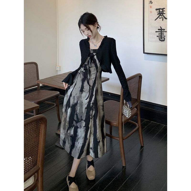 ロングワンピース パーティードレス 秋冬 ワンピース ドレス セットワンピース ファッション 春夏の新作 レディー 2点セット シャツ 日焼け止め 長袖 キャミソールワンピース 絞り染め