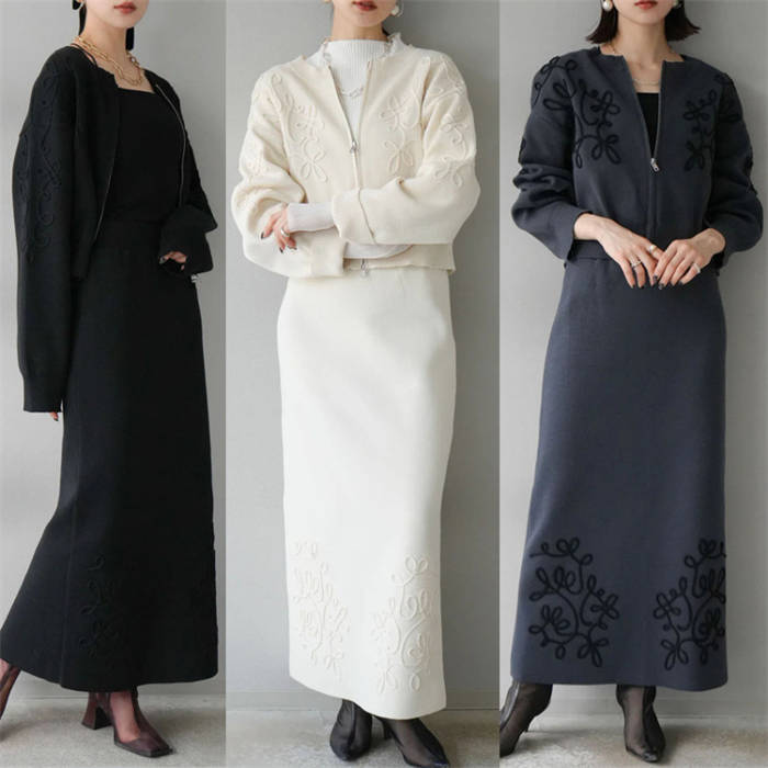 セットアップ 新作 レディース スカートセット 上下セット 花柄 立体 長袖 2点セット デザイン感 前開き ファスナー スカート コート 春 秋 冬 体型カバー かわいい エレガント ゆったり 20