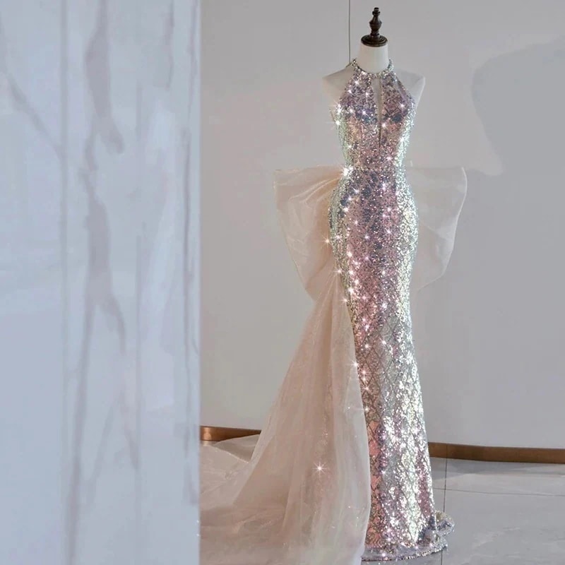 【急速出荷!】イブニングドレス スパンコール セレブ気質 ウエスト引き締め フィッシュテールドレス結婚式ドレス二次会ドレス新ド結婚式 お呼ばれ