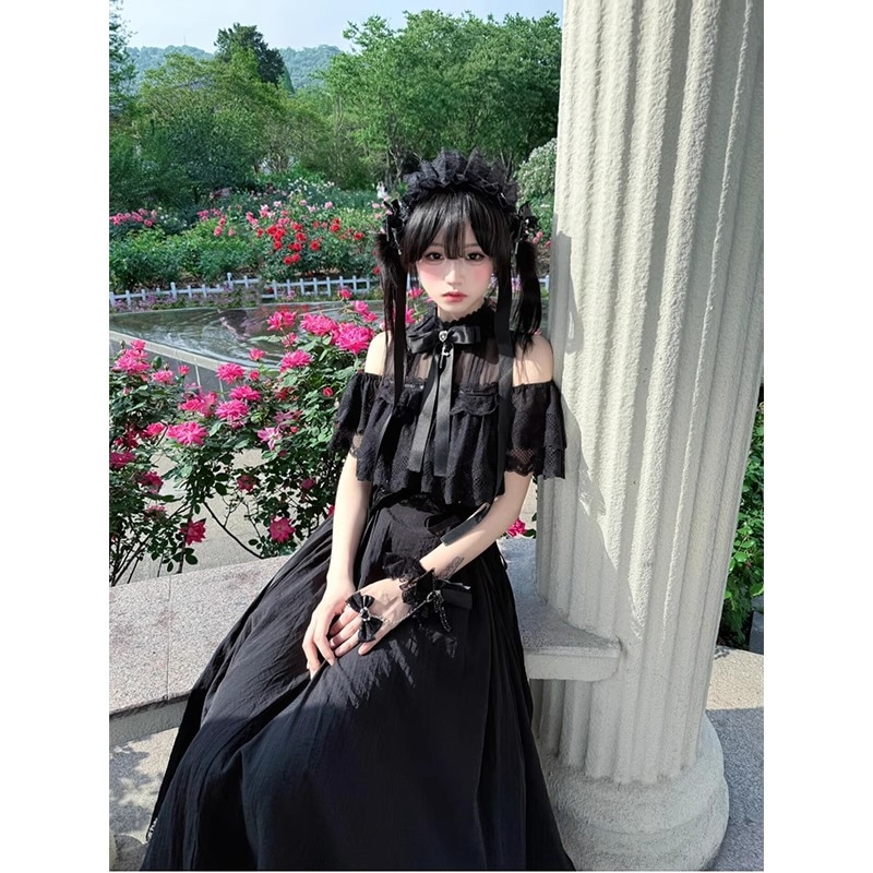 ブラックマインスタイルのロリータスカートレーススプレッチオフショルダーボウドレスレーススーツ