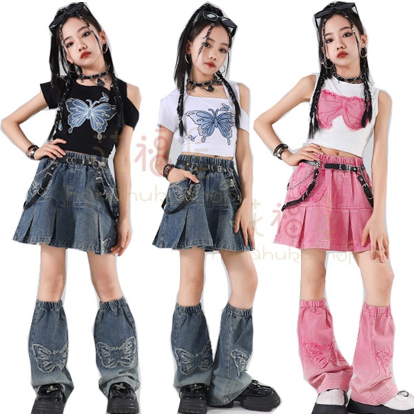 キッズダンス 女の子 セットアップ ブラック ホワイト ピンク おしゃれ ダンスウェア 女の子 Tシャツ スカート レッグウォーマー ストリートダンス ドラムショー 公演服 チアガール へそ出し スト
