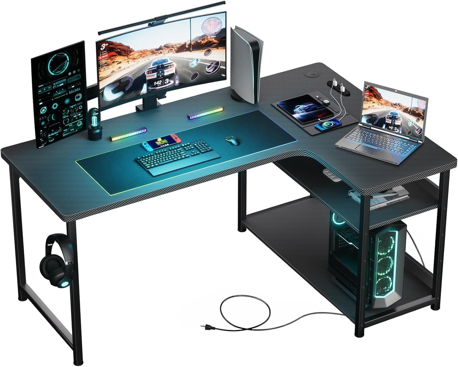 ゲーミングデスク カーボン調 コンセント付き パソコンデスク L字 ラック付き モニターアーム対応 棚高さ調節可能 配線穴 右棚 79奥行き*110幅*74.5高さ DL001 ブラック 机 pcデス