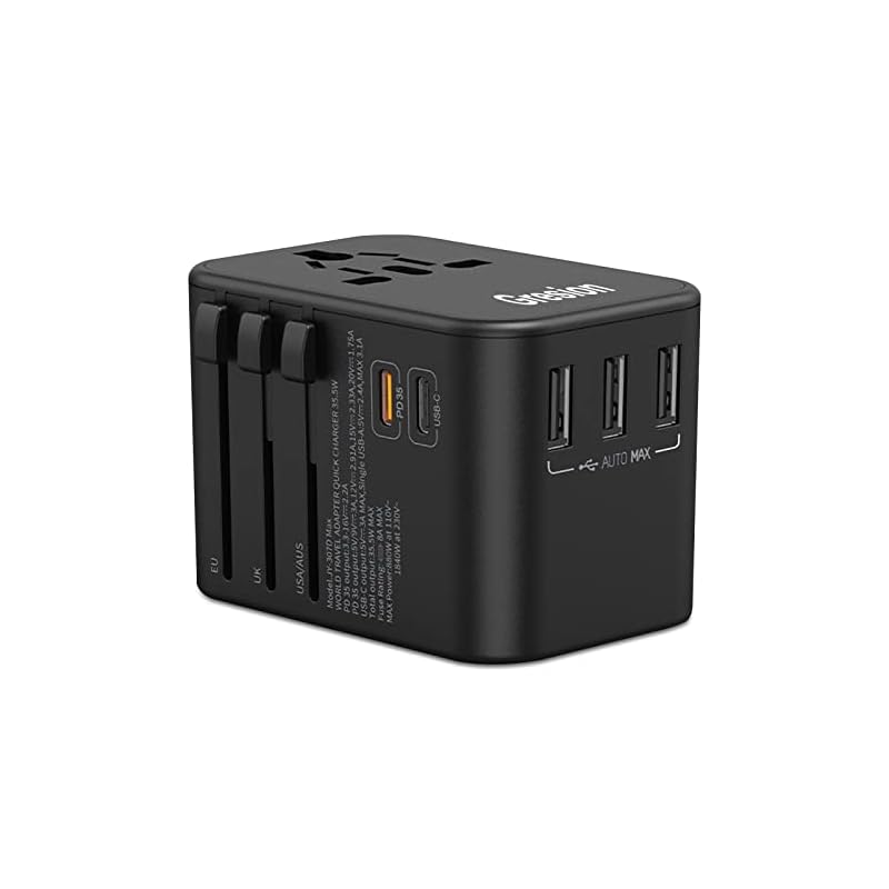 変換プラグ 海外電源変換アダプタ 35W PD 3.0急速充電, 6台同時充電 3つUSB-Aと2つUSB-Cポート付きと1*ACコンセント,iPadiPhoneAndroidAirpodsS