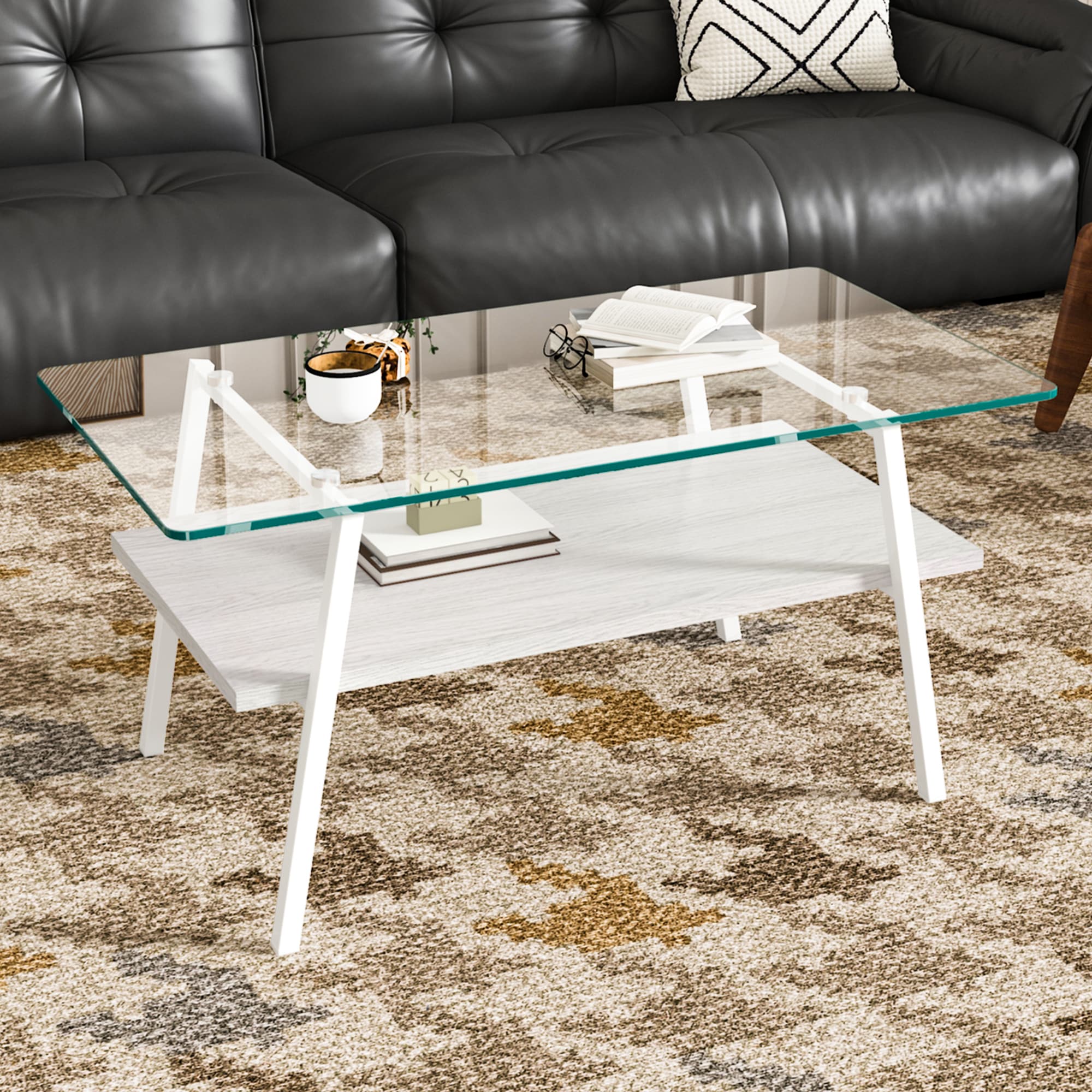 【国内発送&送·料·無·料】モダン長方形コーヒーテーブル リビング用 クリアガラス+ホワイト脚*385