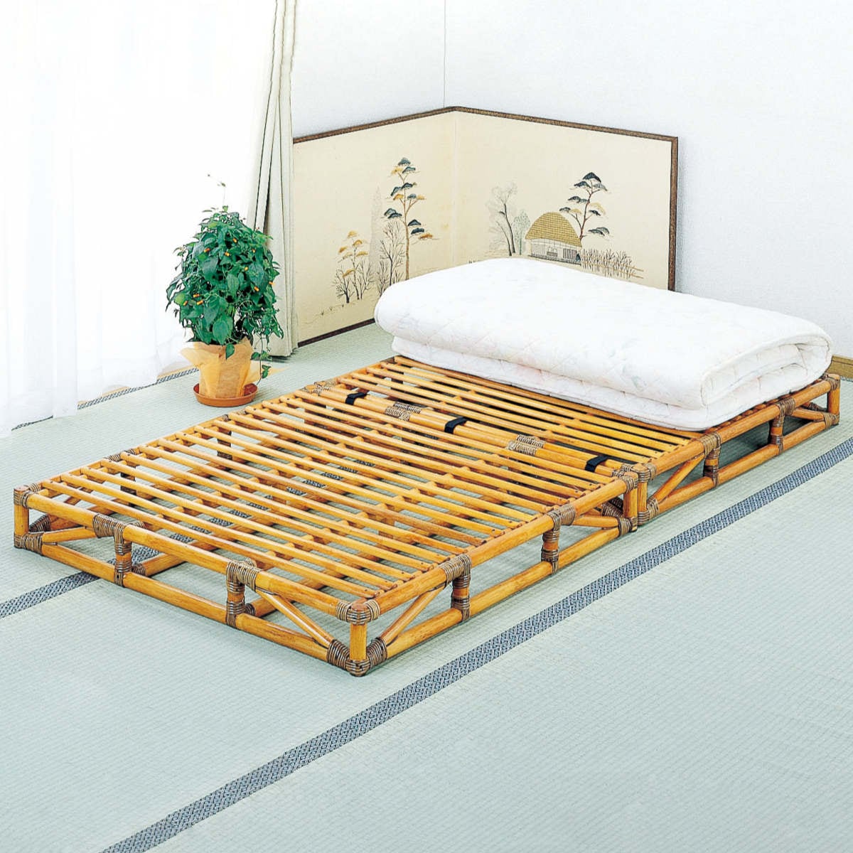 籐 すのこベッド 軽量 シングルサイズ 籐枕付き 家具 ベッド 籐家具 ラタン家具 寝具 ベッドフレーム 籐ベッド すのこ 分割 コンパクト アジアン