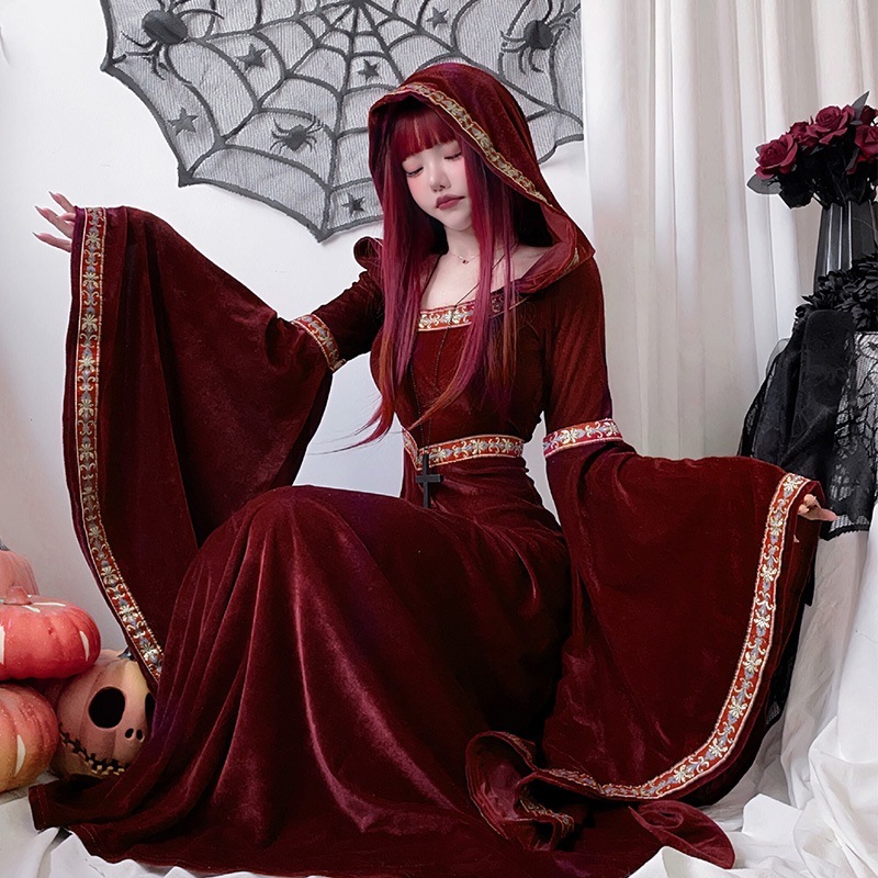 ハロウィン大人用コスチューム中世レトロ宮殿ヨーロッパ吸血鬼赤ずきん魔女ドレスロングスカート