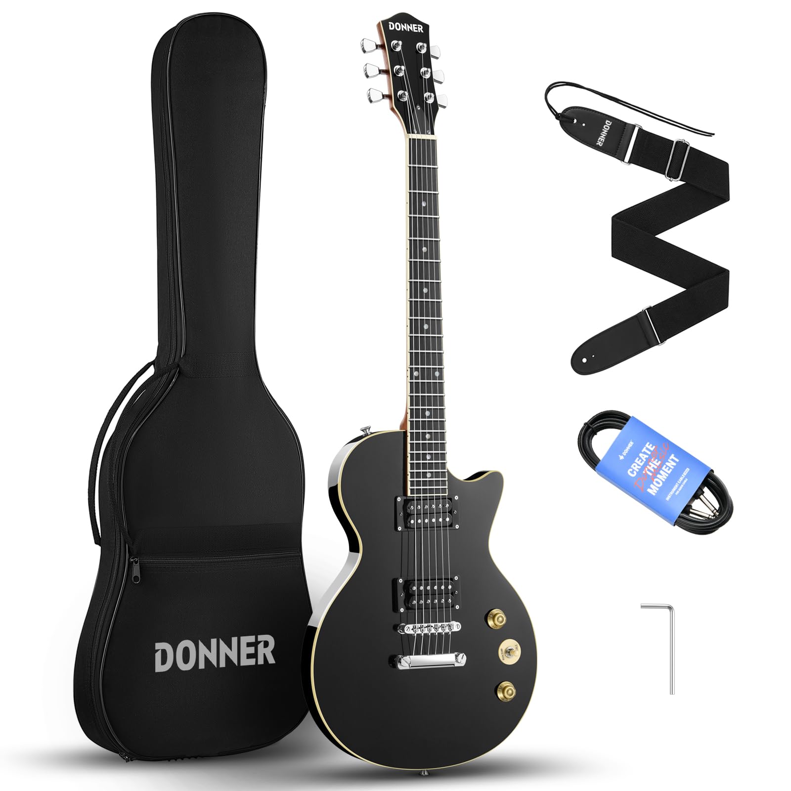 Donner エレキギター 初心者セット LPタイプ 39インチ フルサイズ ポプラ材 HHピックアップ配列 専用ケース ストラップ シールド付 ブラック DL-124
