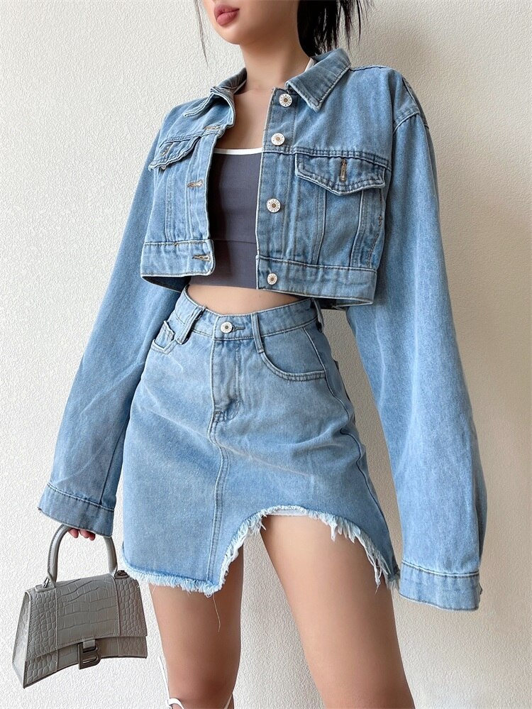 セットアップ レディース ボトムス アウター ジャケット Gジャン 上着 デニム ミニスカート ミニ ミニ丈 ショート ショート丈 膝上 マイクロミニ 袖あり 長袖 襟付き セミフレア ストレート