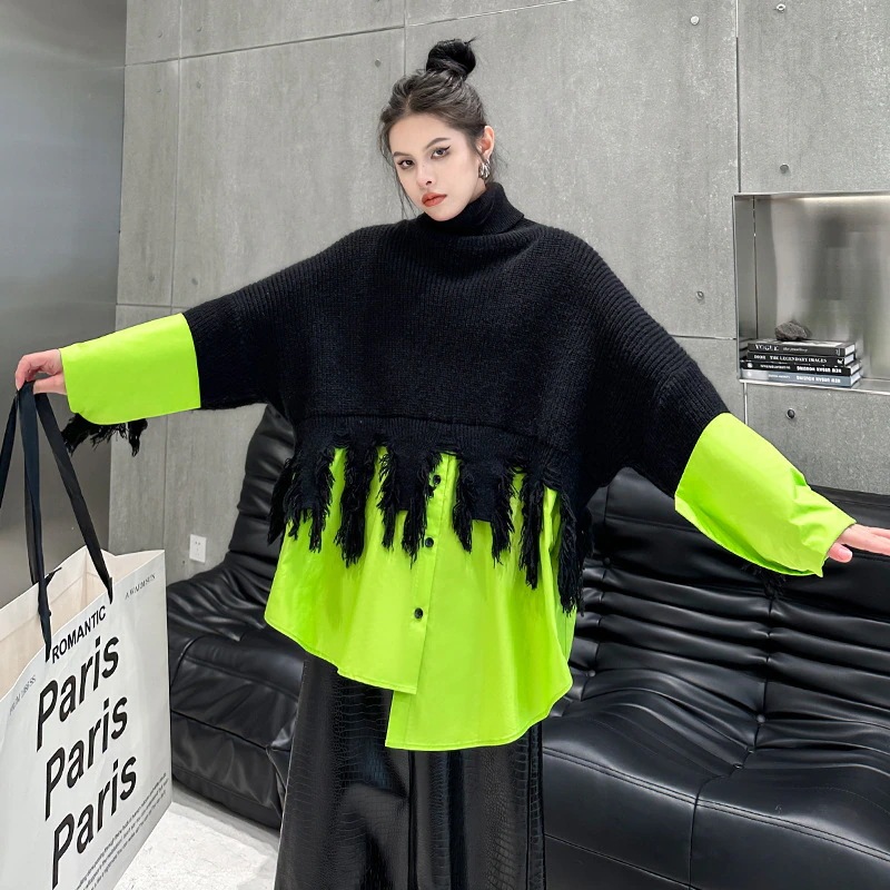 【J.Fashion】 欧美風 タートルネック ニット セーター ドッキング ハイネック レディース ニット メガ割30%までに制限