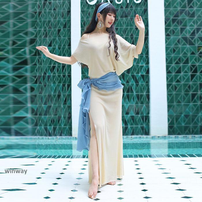 ベリーダンス衣装 ロング丈 ワンピース おしゃれ ベリーダンス 衣装 髪飾りのベール付き ストレッチ素材 動きやすい ダンス レッスン着 インナーパンツ付き か