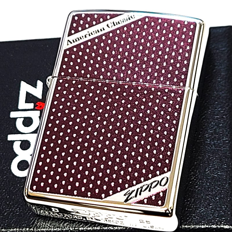 ZIPPO ドット柄 おしゃれ ジッポ ライター アメリカンクラシック ロゴ 両面加工 彫刻 ワインレッド＆シルバー アンティーク 水玉 かわいい レディース メンズ ギフト プレゼント