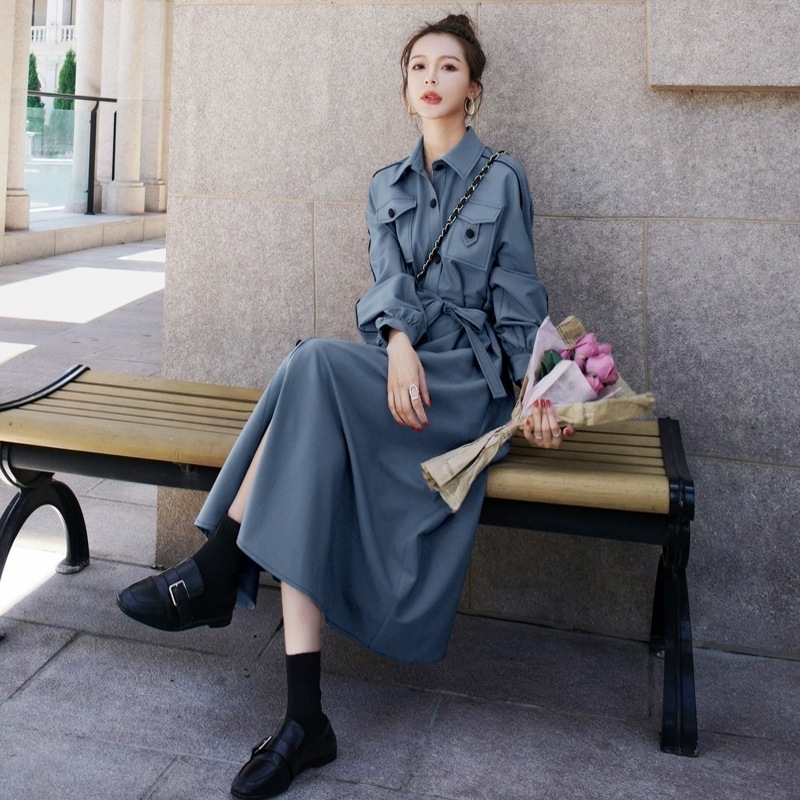 ワンピース シャツワンピース フレアワンピース 膝下 ミモレ ミモレ丈 襟付き スタンダードカラー 長袖 パフスリーブ フレア Aライン ハイウエスト ウエストマーク ウエストリボン リボン キュート