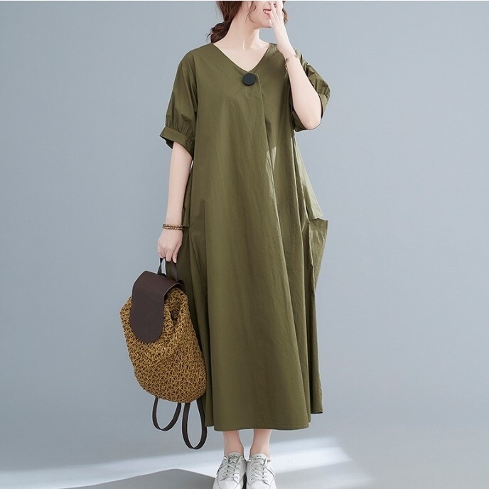 ワンピース シャツワンピース ロング丈 袖あり 半袖 Vネック ストレート かわいい 大人可愛い きれいめ シンプル カジュアル 大人 おしゃれ かっこいい レトロ 大人女子 こなれ感 ラフ 5,059円