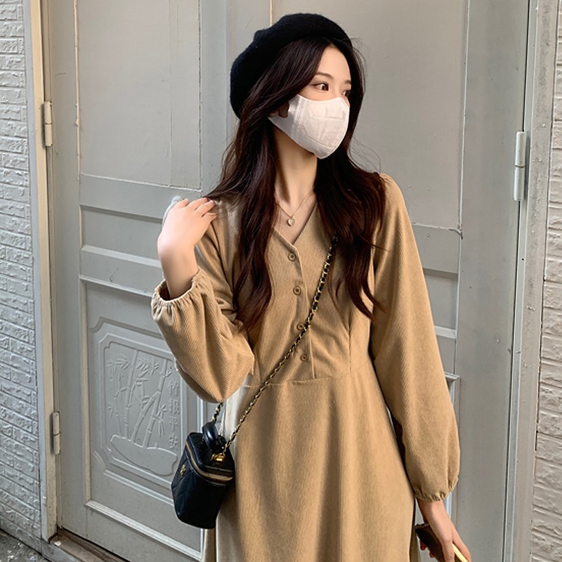 ティーブレイクフレンチ初恋優しい風コーデュロイワンピースレディース秋冬スモールウエストボトムス着痩せロングワンピース