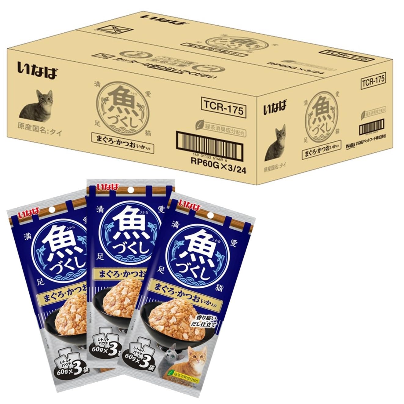 いなば 魚づくし まぐろ・かつお いか入り 60g×3袋×24個 猫用 ウェットフード