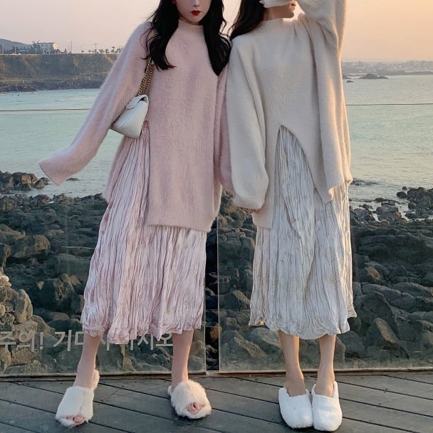 レディース トップス スカート スリット ロング セーター 毛足 ロングスカート くしゅくしゅ