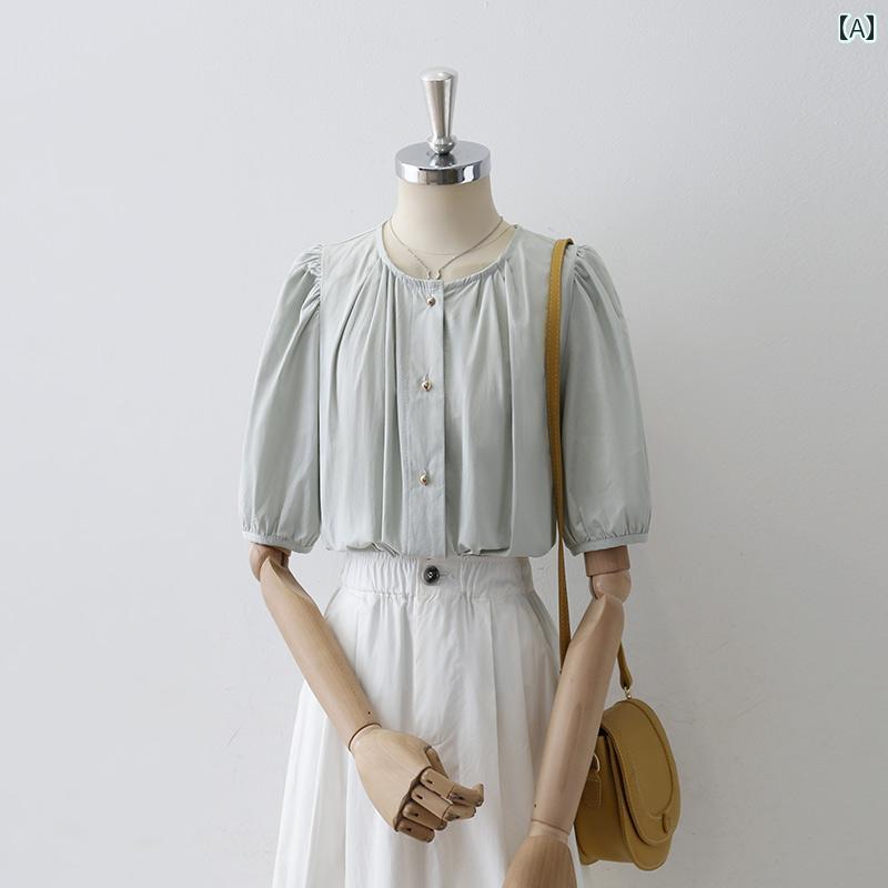 レディース シャツ ブラウス 半袖 五分袖 夏 薄緑 金色の丸ボタン装飾 ラウンドネック フレンチスタイル パフスリーブ シングルブレスト 優雅 エレガント チャーミング おしゃれ