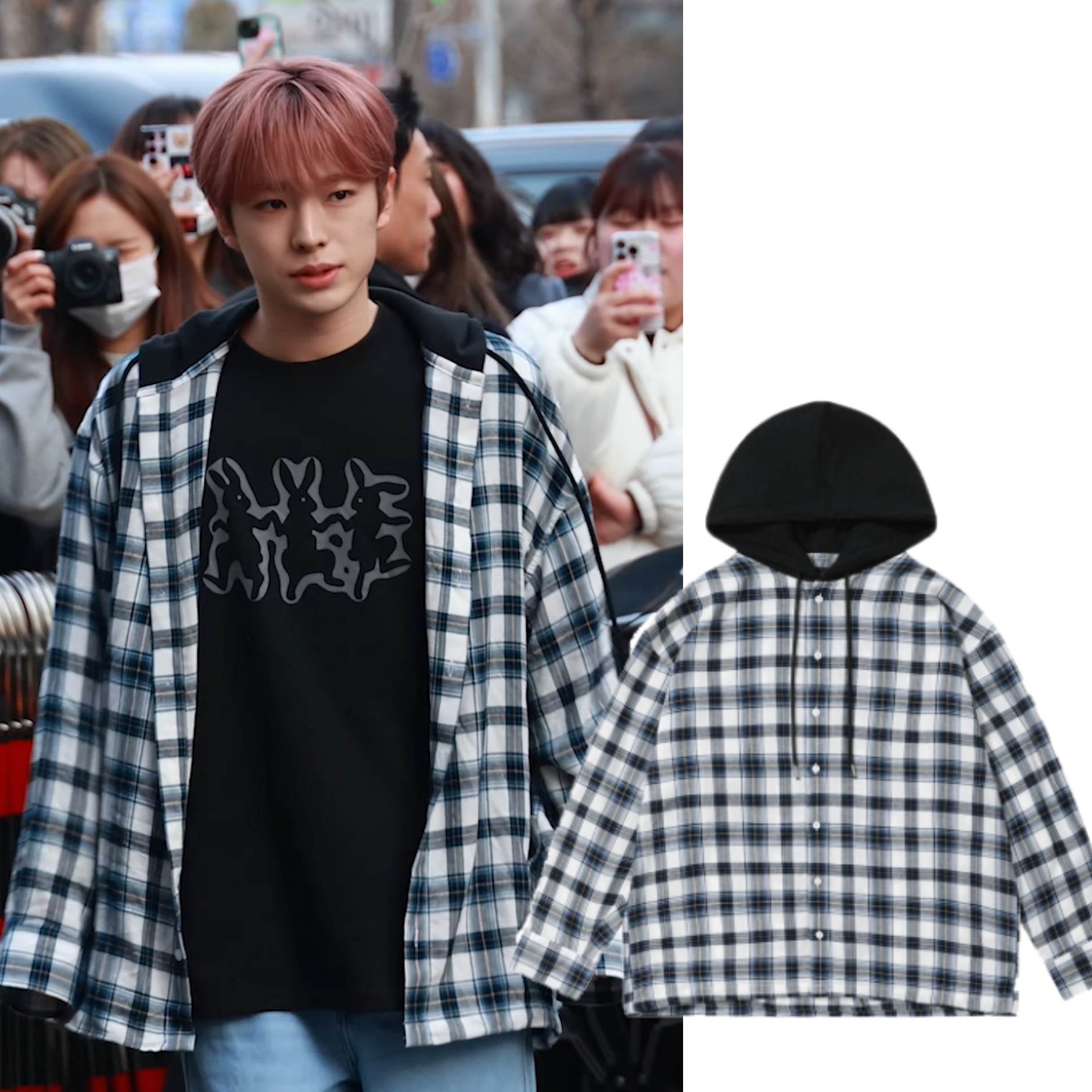 [NCT WISH ユウシ着用] Over-fit check hood shirt - NAVY