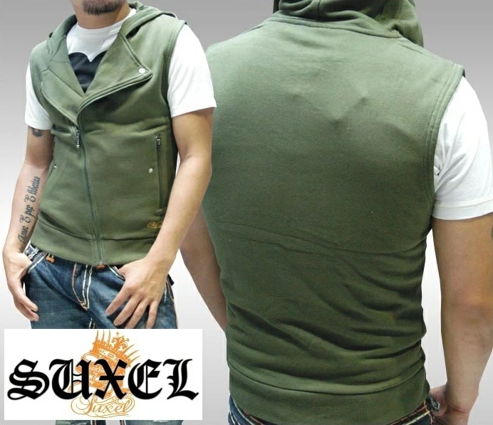 セール SUXEL サクエル メンズ ライダース ベスト パーカー オリーブ スウェット フーディー 411 フォーダブワン 雑誌 掲載 ブランド ストリート HIPHOP ウェアー B系 服 ダ