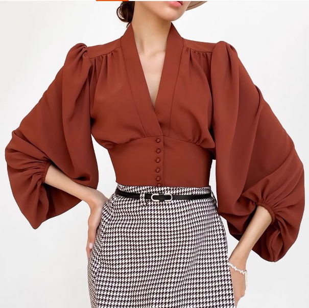 レディース トップス シャツ ブラウス ショート 7分袖 ボリューム袖 パフスリーブ Vネック タック シフォン ウエストマーク リブ ボタン ヴィンテージ きれいめ シンプル 上品 おしゃれ レトロ