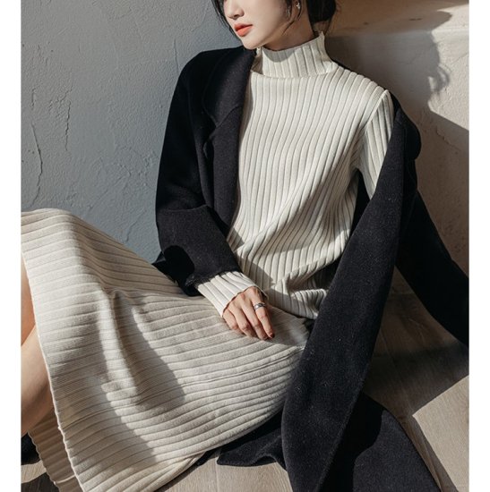 【取寄：納期2週間】ニットワンピース ハイネック 選べる丈 リブニットワンピース ミディアム丈 ロング丈 ショート丈 ミモレ丈 シンプル 定番 レトロ クラシカル ボトルネック タイト