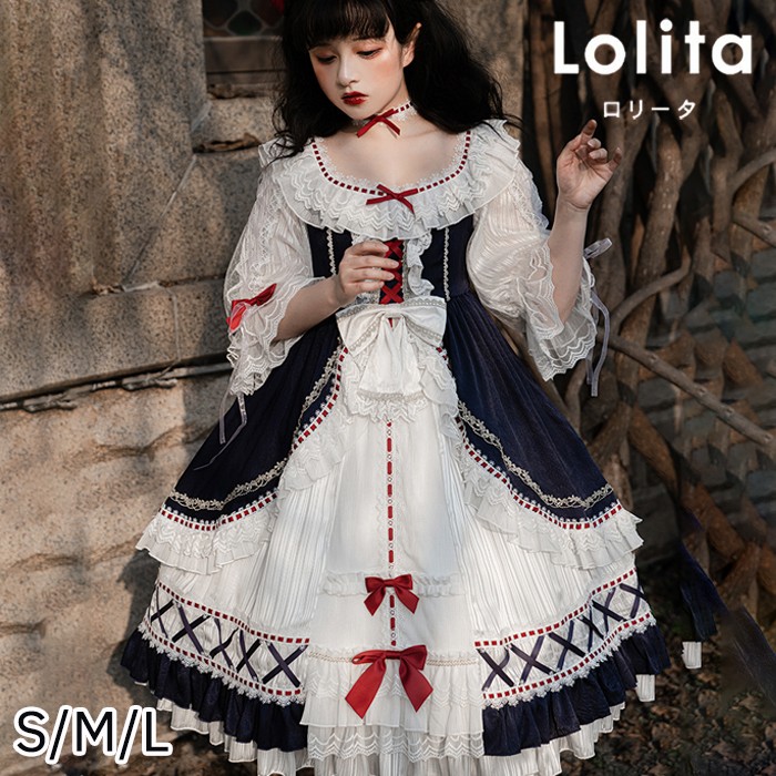 ロリータワンピース クラロリ ホワイト 白 レディース lolita リボン ロリータ 袖付き 膝丈 小柄 可愛い 着瘦せ 仮装 コスプレ コスチューム 小柄 可愛い 学生 女の子 ゴスロリ 仮装