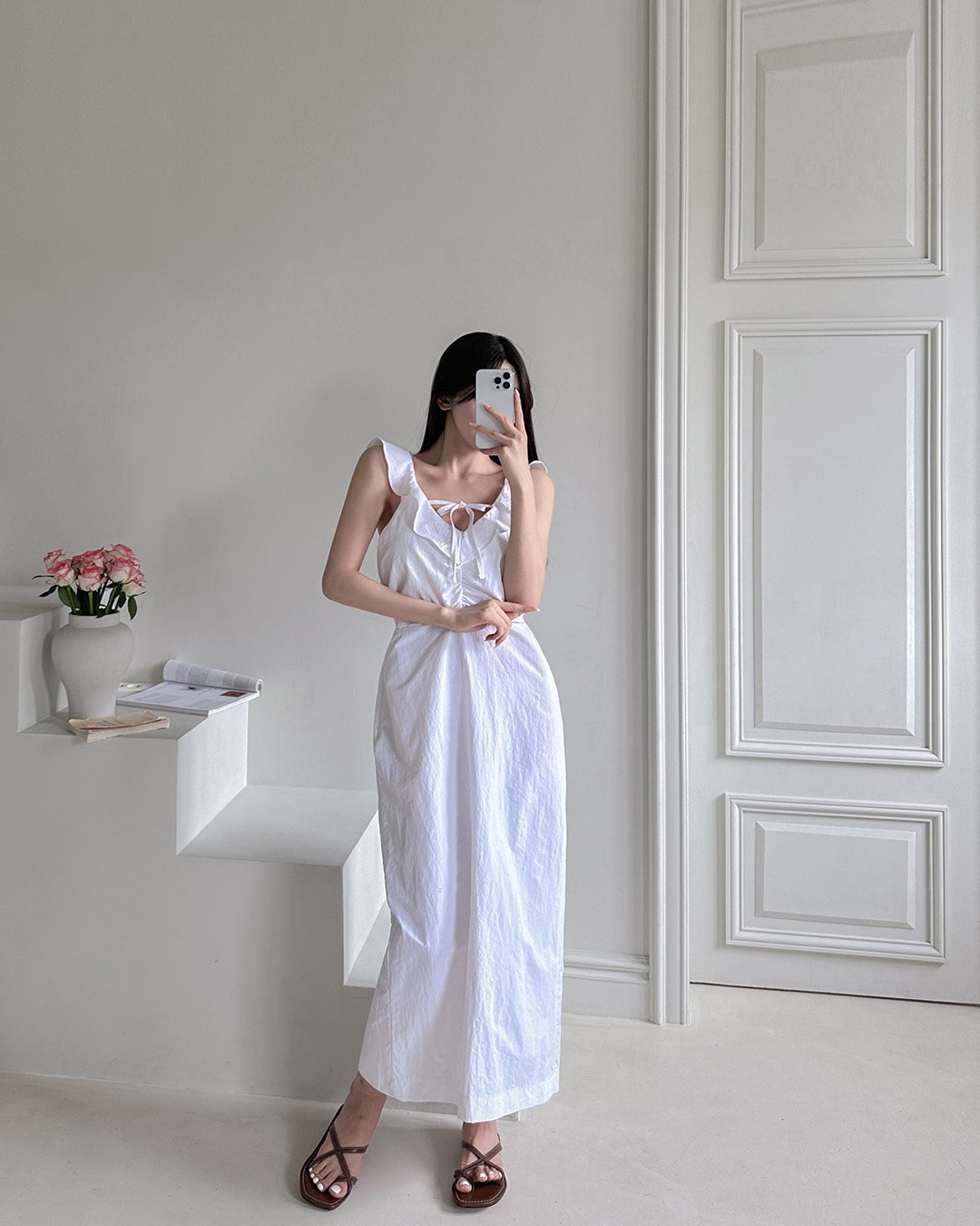 シャーリングリボンロングワンピース韓国ファッション レディース 9,243円