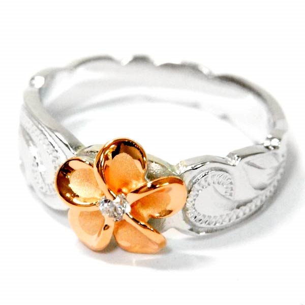 ハワイアンジュエリー リング プルメリア 花 スクロール 波 クリアジルコニア レディース シルバー925 ピンクゴールド/イエローゴールド 4,710円