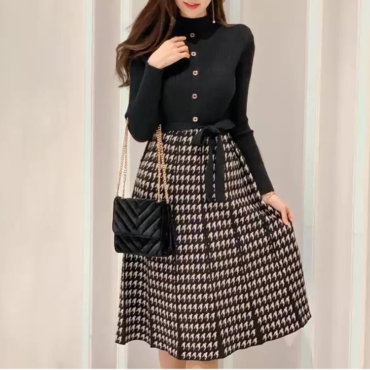 チェック切替ワンピース 千鳥格子柄 レディース ワンピース 膝丈 長袖 スタンドカラー 上品 おしゃれ エレガント フォーマル 謝恩会 二次会 発表会 通勤 デート お出かけ パーティー イベント