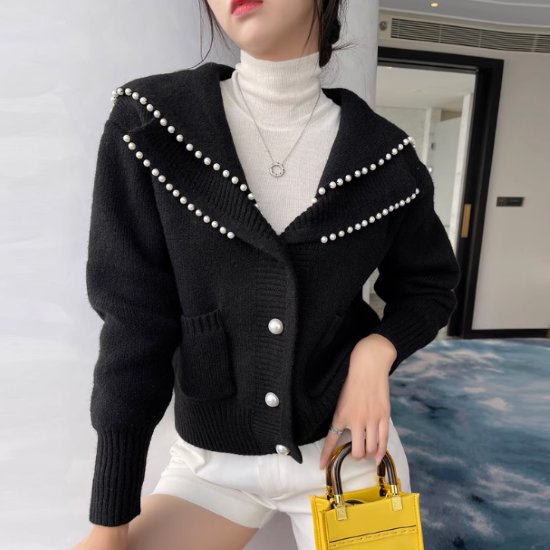 ニットカーディガン レディース カーディガン トップス 羽織 ニット セーター フロントボタン パール装飾 ウール セーラー襟 黒 ブラック カジュアル お出かけ おしゃれ 可愛い ファッション 女性
