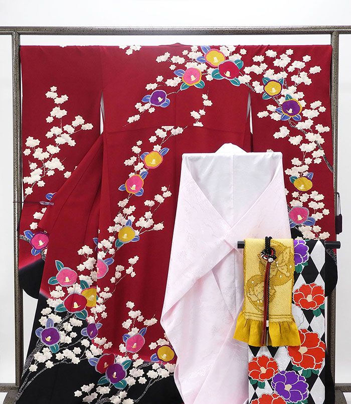 振袖 長襦袢 セット 正絹 5点セット 紅葉 椿 身丈168.5cm 裄丈68cm 袋帯 長襦袢 帯締め 帯揚げ 振袖セット リサイクル 中古 着物 e4165
