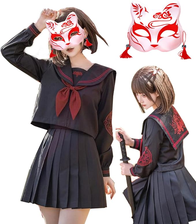 [Sky]狐のお面付き セーラー服 長袖 黒い コスプレ 前開き 狐 お面 不良セーラー服 JK制服 4点セット コスプレ衣装 女子高校生 制服