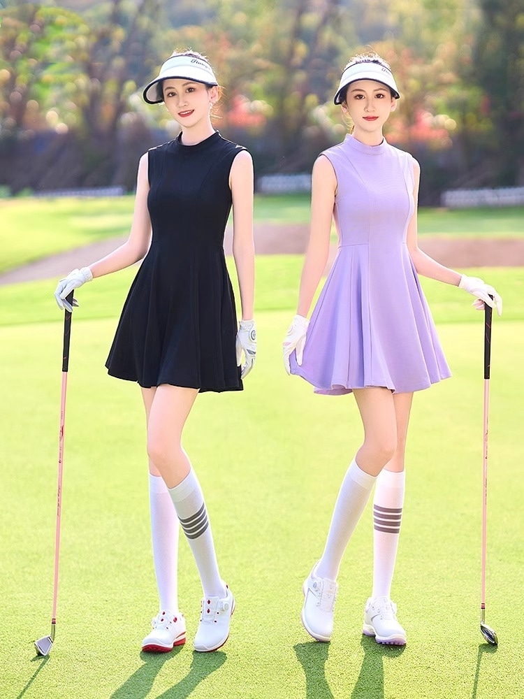 ゴルフウェア 春夏 レディース スポーツウェア ワンピース Aライン パンツ付き 袖無し スカート ミニスカート 上下セット 黒 白 パープル 無地 女性 テニスウェア 通気性 韓国風 おしゃれ