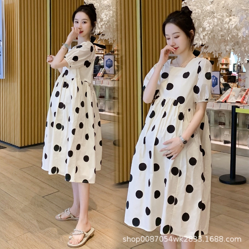 既製在庫韓国風マタニティウェア夏ファッション水玉模様スクエアネックハイウエストロングスカートトレンディママプラスサイズマタニティスカート女性夏