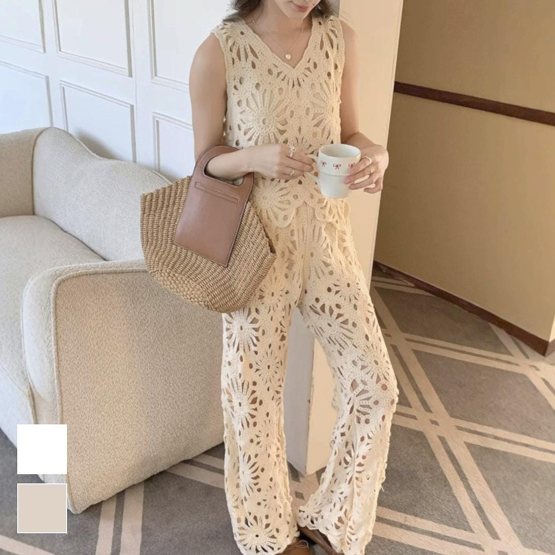 【激安販売】【セットアップ】クロシェ編みノースリーブ&フレアパンツ トップス タンクトップ 袖なし Vネック ボトム ストレートフルレングス ロング フレア ブーツカット かぎ編み 抜け感 透け感 華