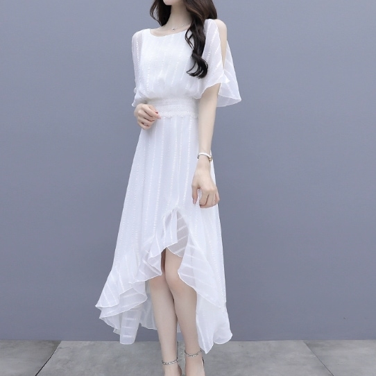 ワンピース ミモレ丈ワンピース 袖付き 半袖 襟なし ラウンドネック 肌見せ 透け感 シースルー アシンメトリー レース ウエストマーク かわいい 大人可愛い シンプル カジュアル 大人 上品