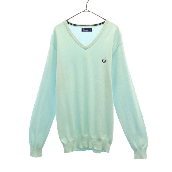 ワンポイントロゴ刺繍 長袖 Vネック コットン ニット M グリーン セーター メンズ