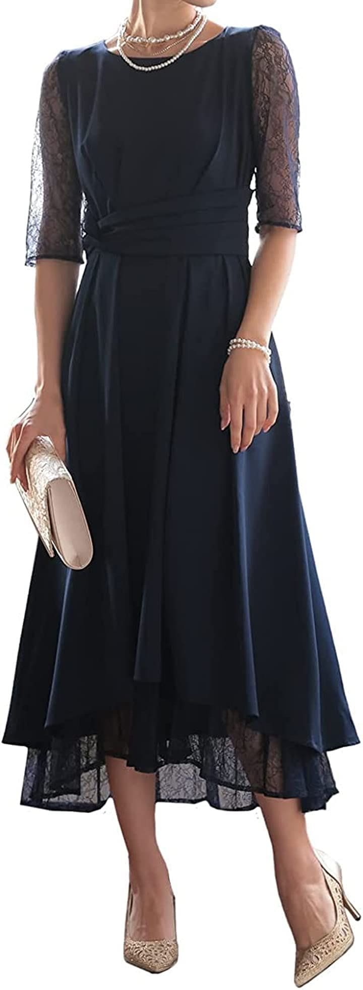 パーティ ワンピース ドレス レディース ウエスト モチーフ ベルト 結婚式およばれワンピース パーティードレス 大人 オトナ キレイメ カワイイ(ネイビー / 320141, L)