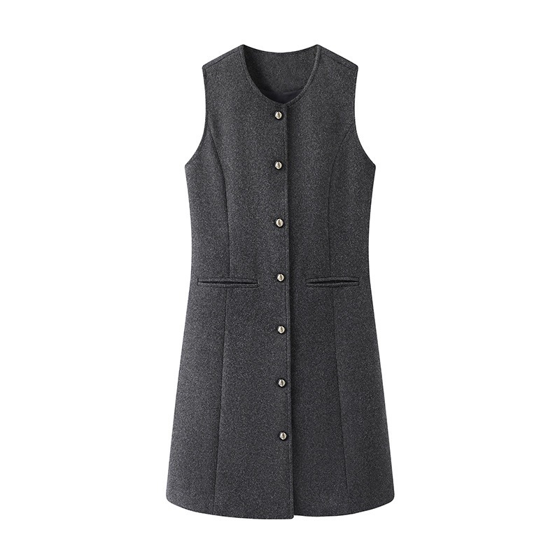 スリムシルエット デザインラウンドネック シングルボタン グレーウールベストワンピースAラインワンピ