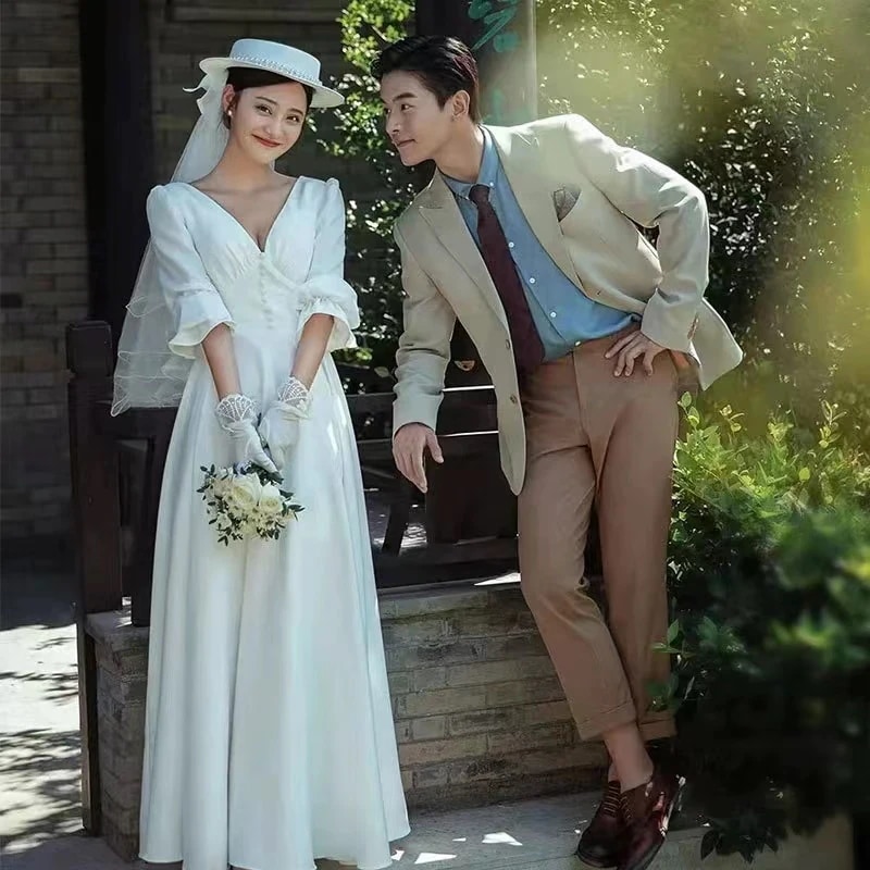 ウエディングドレス エンパイア フォトウエディング シンプル 花嫁ドレス レース海外挙式 白 前撮り 後撮り 撮影 新婦 結婚式 二次会 披露宴